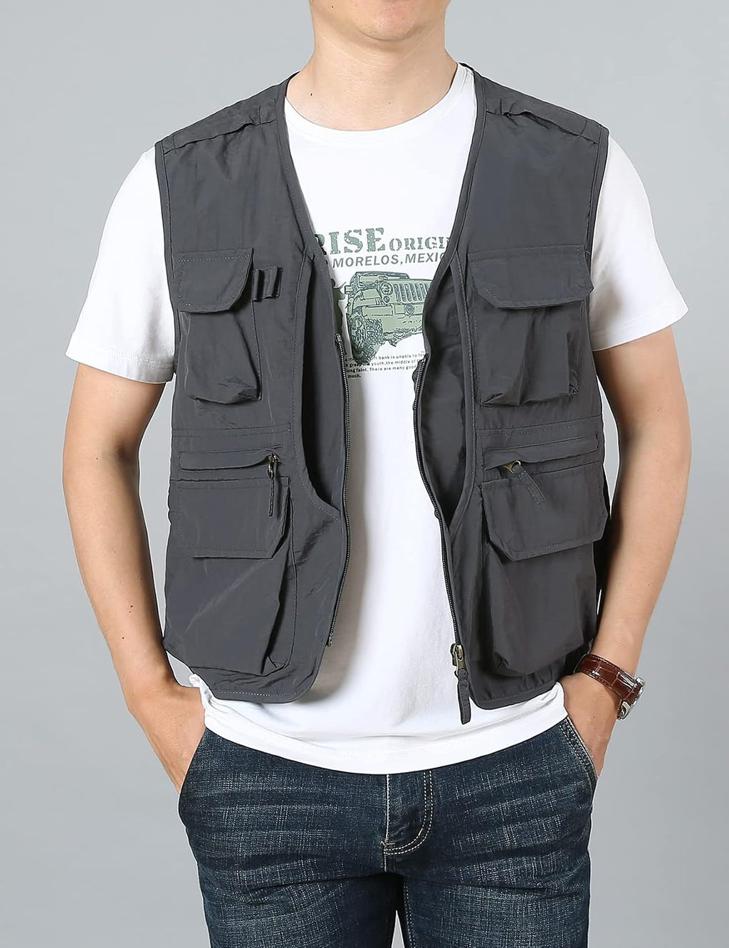 Flygo Men's Utility Cargo Vest Outdoor Fishing Safari Travel Work Photo Vest with Pockets