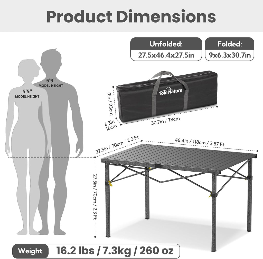 Join Nature 46.4" Large Camping Table for 2-6 People, Heavy Duty Foldable