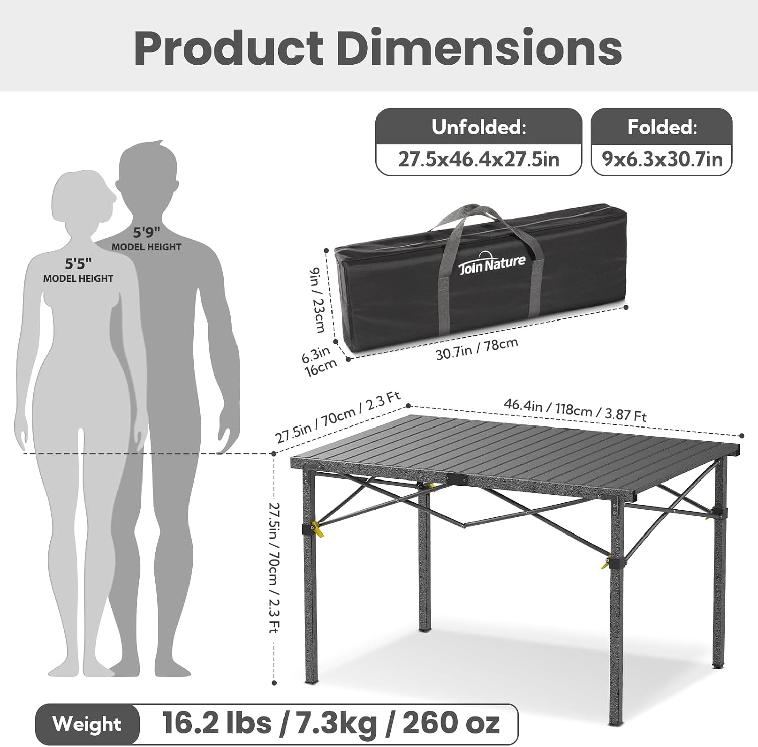 Join Nature 46.4" Large Camping Table for 2-6 People, Heavy Duty Foldable