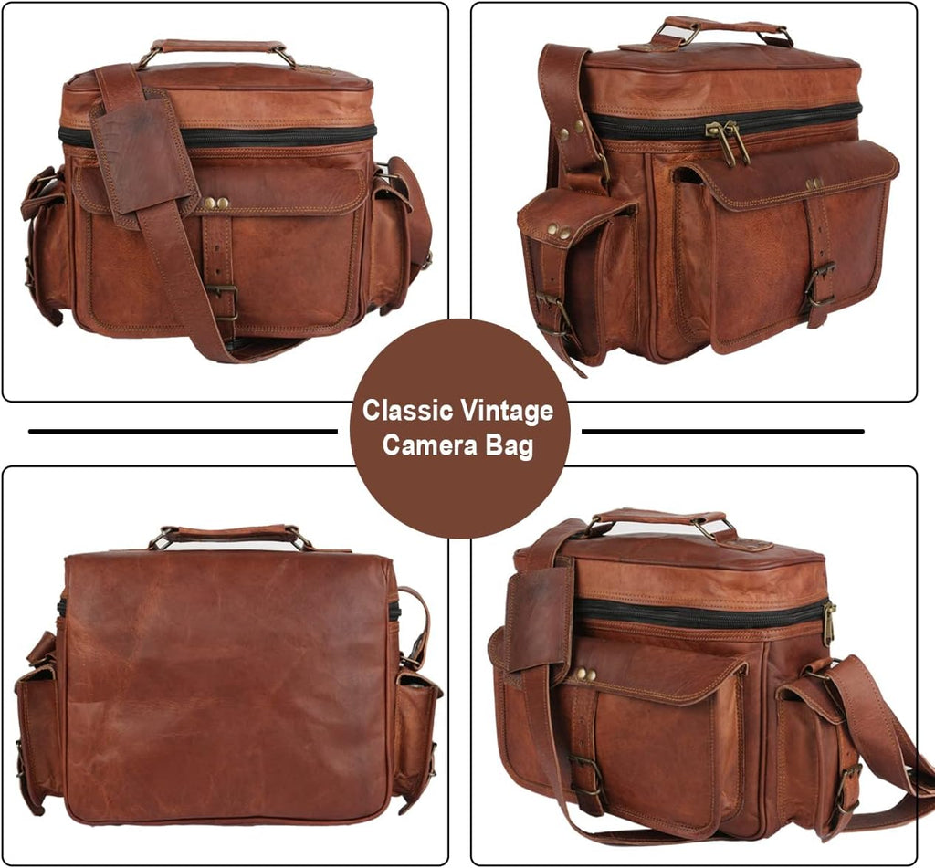 Leather Messenger Bag for Camera - Vintage Shoulder Satchel Camera Bag for DSLR, Canon, Nikon, Fuji Cameras - Travel, Portable Photography Bag