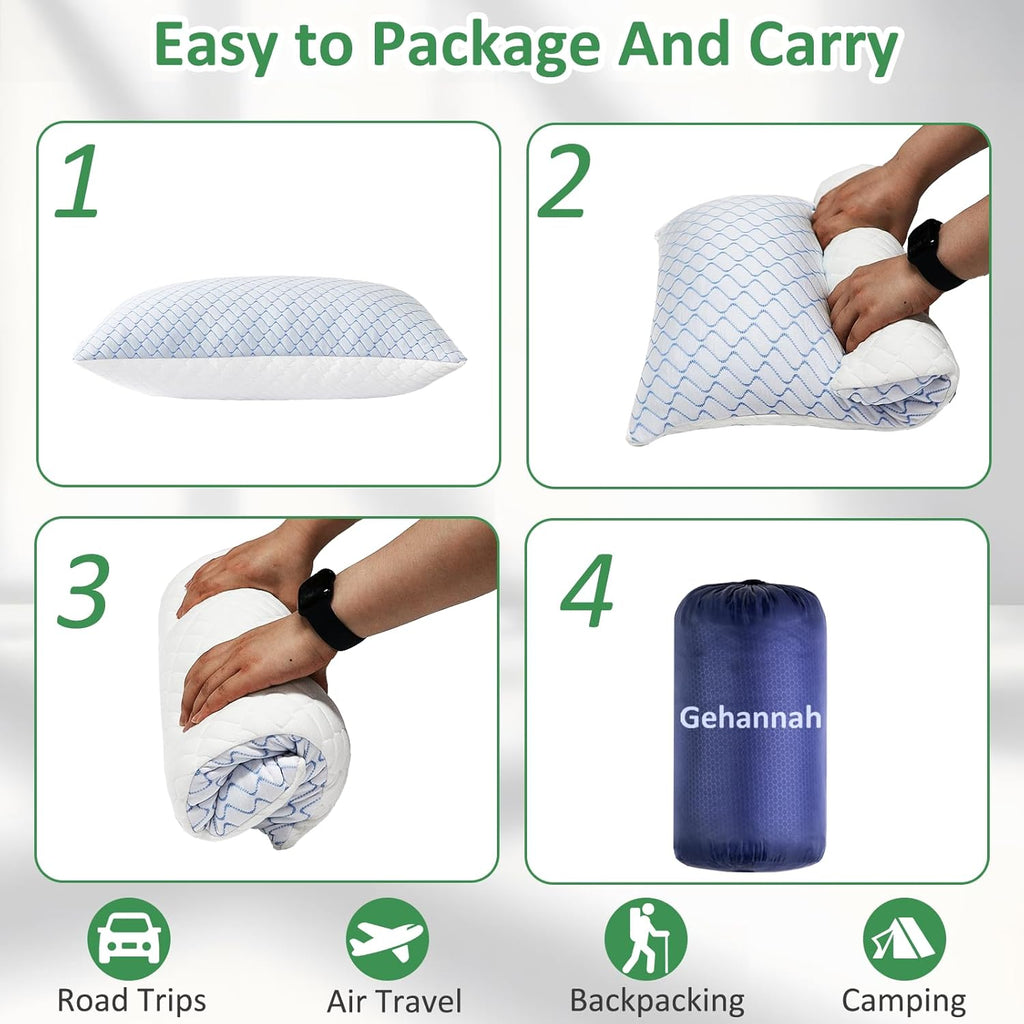 Travel Pillow - Large 2 Pack Compressible Camping Pillow for Sleeping - Shredded Memory Foam with 2 Storage Bags - Supportive for Adults, Kids, Outdoor, Backpacking, Hiking Gear