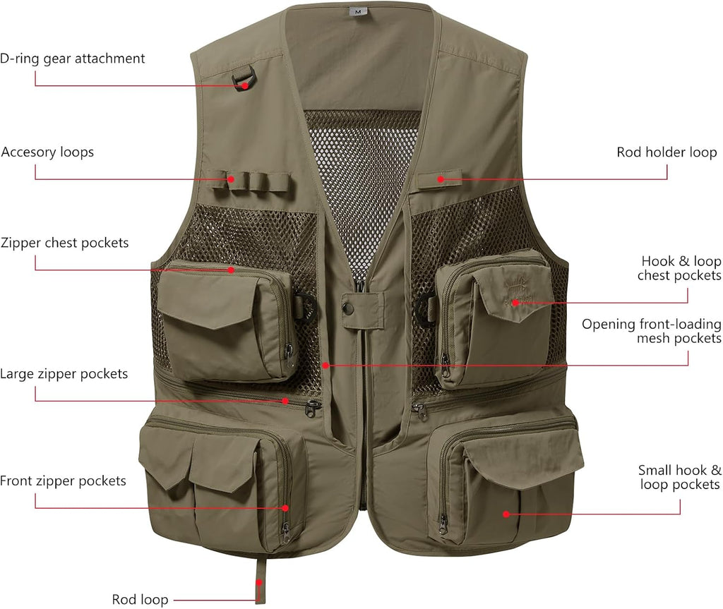 BASSDASH Men's Women's Utility Fishing Cargo Vest Outdoor Safari Photography Work Vest with Multi Pockets Mesh Back FV14