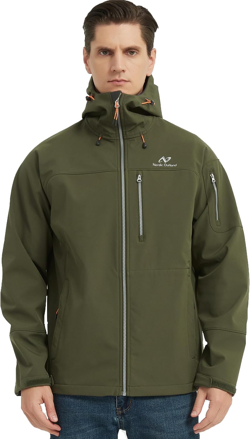 NORDIC OUTLAND Men's Waterproof Softshell Rain Jacket, Hooded Windbreaker 7 Pockets, Lightweight Shell for Outdoor Activities