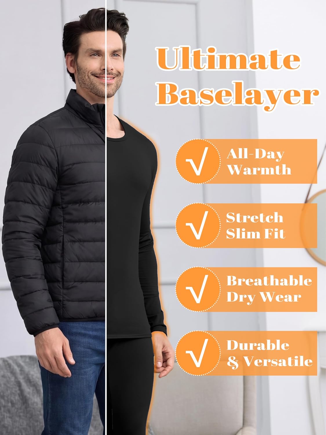 URATOT 2 Sets Men's Thermal Underwear Set Fleece Lined Thermal Underwear Soft Long Johns Top Bottom Set for Men Cold Winter