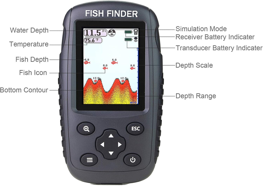 Portable Rechargeable Fish Finder Wireless Sonar Sensor Fishfinder Depth Locator with Fish Size, Bottom Contour, Color LCD Display