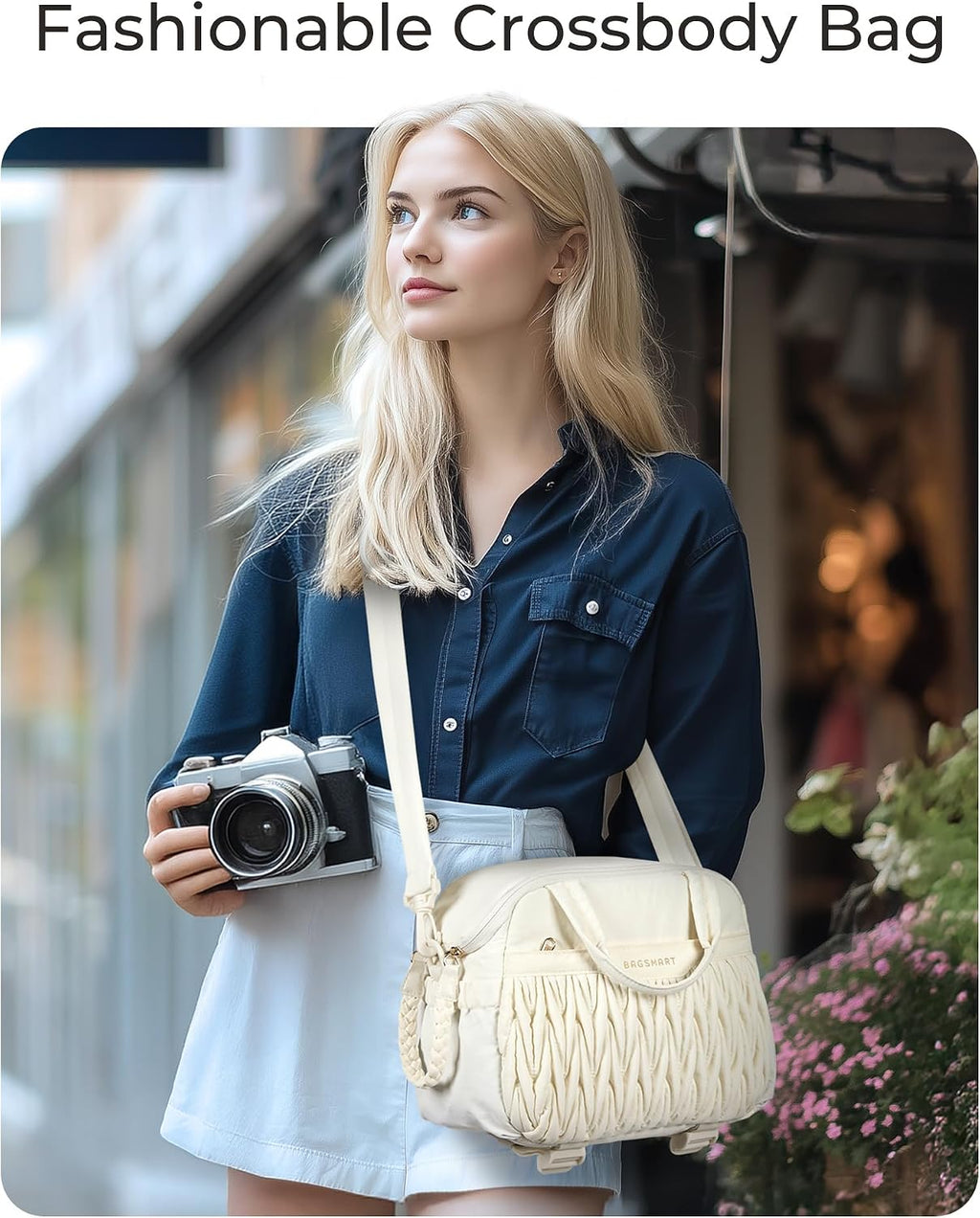 BAGSMART Camera Sling Bag, Portable Small Camera Bags for Photographers with Tripod Holder, Waterproof DSLR/SLR/Cute Camera Case for Women with Rain Cover, Compatible with Sony Canon Nikon, Beige