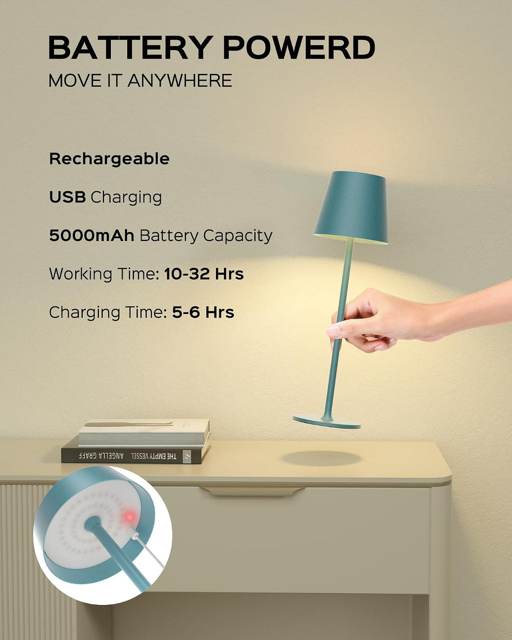 JACKYLED Cordless Table Lamps Rechargeable, 3 Adjustable Height, 5000 Capactiy Operated 3 Colors Smooth Dimming, Portab