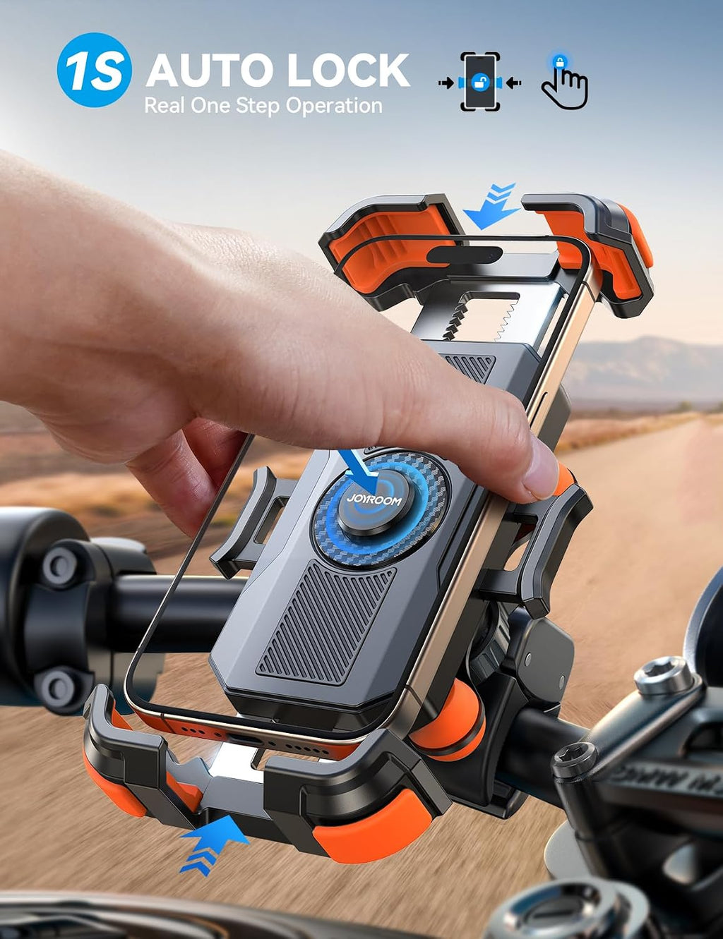 JOYROOM Motorcycle Phone Mount Holder - [Dual Vibration Dampener] 150mph Anti-Shock Phone Holder for Motorcycle [Upgrade Metal Handlebar Clamp] - Bike Phone Holder Mount for 4.7-7" Phones Orange