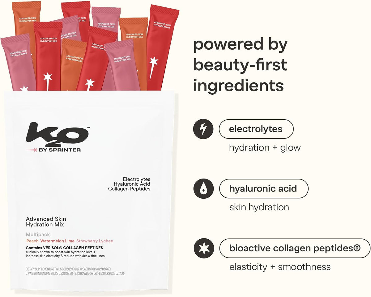 k2o by Kylie Jenner Advanced Skin Hydration Mix with Electrolytes, Hyaluronic Acid & Verisol Collagen Peptides - Clinically Shown to Boost Hydration & Reduce Wrinkles - 20 Count (Variety Pack)