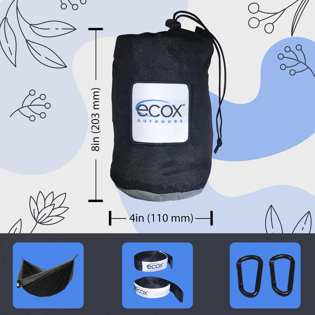 ecox Outdoors Parachute Hammock Single with 2 Tree Straps, Portable Lightweight Nylon Comfortable for Backpacking, Camping, Travel, Beach, Backyard, Patio, Hiking
