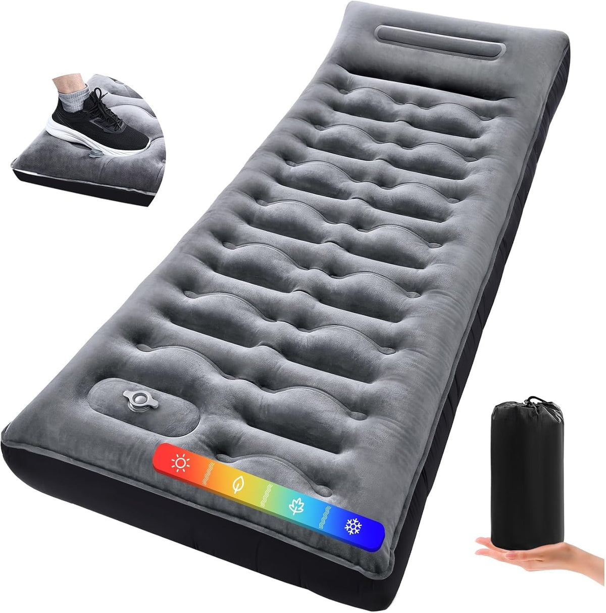 KASBAH Camping Sleeping Pad, 5.5 R-Value Thick 6 inch Camping Mat with Pillow Built-in Foot Pump Inflatable Sleeping Pads Compact for Camping Backpacking Hiking Traveling