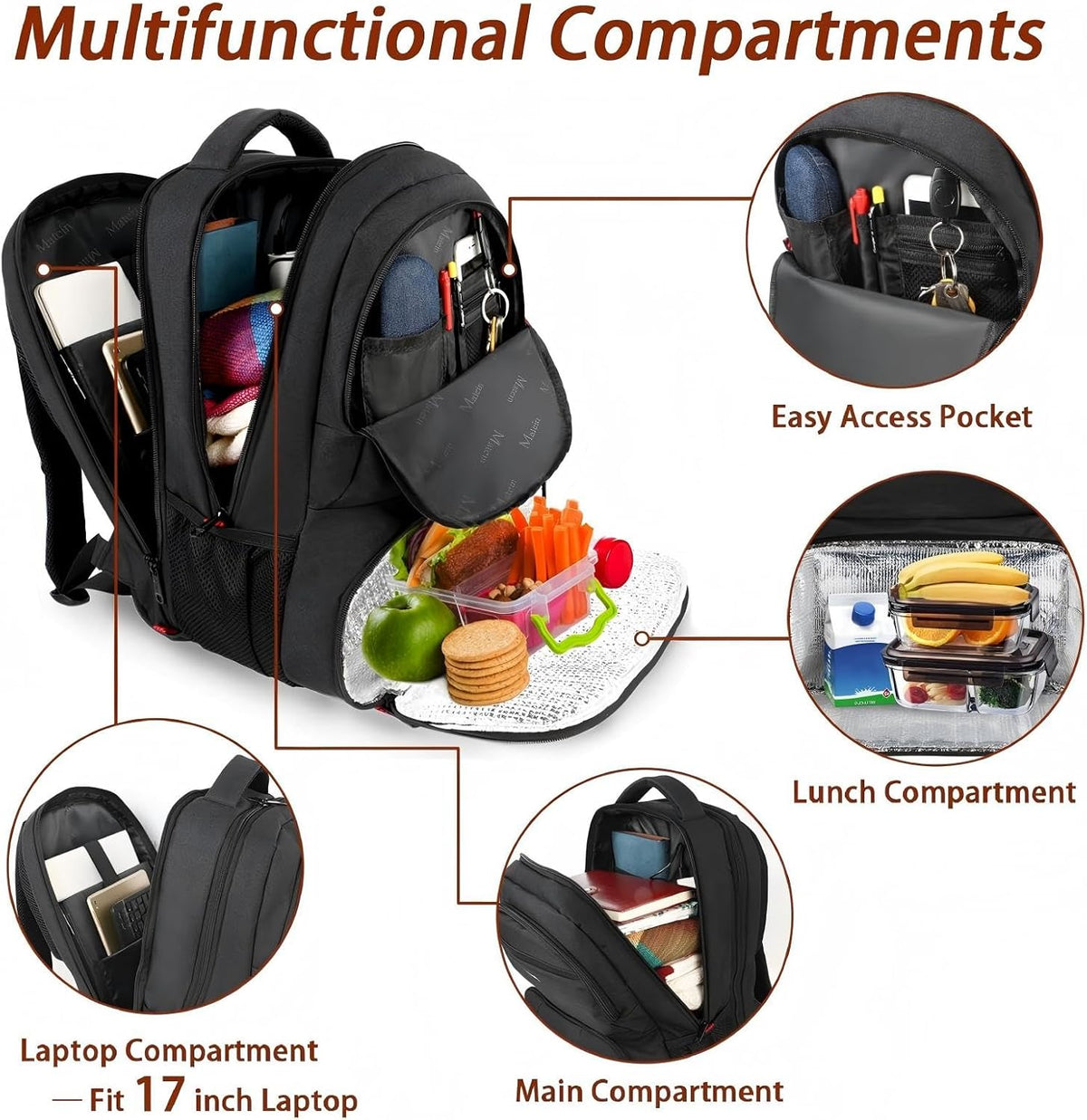 MATEIN Lunch Backpack for Men, 17 Inch Work Backpack with Lunch Compartment