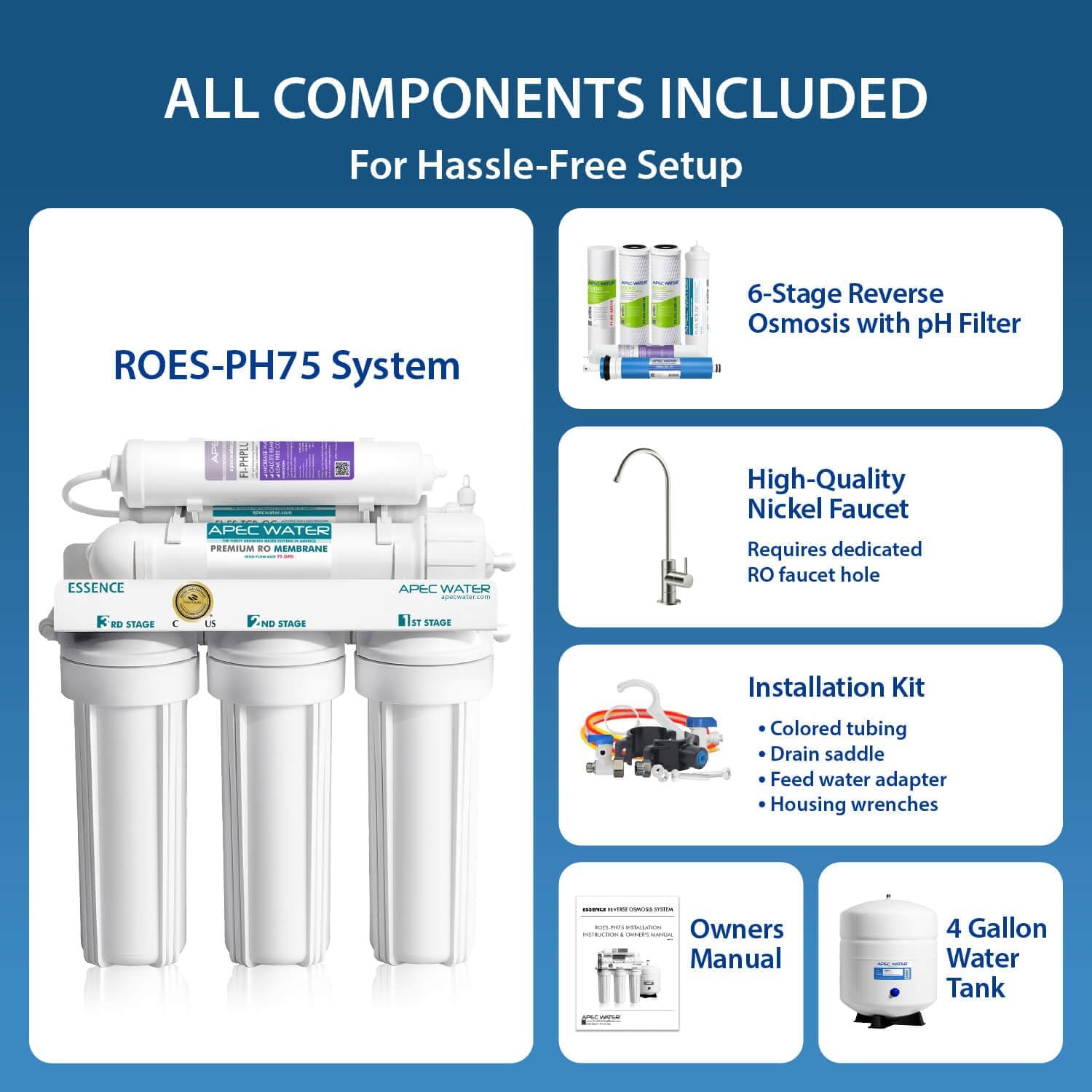APEC Water ROES-PH75, 6-Stage Under Sink RO System, Alkaline, 75 GPD
