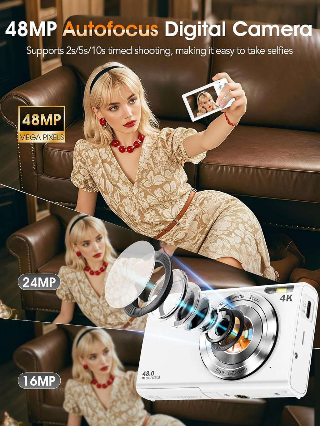 Digital Camera,Autofocus 4K 48MP Vlogging Camera for Photography,32GB Card