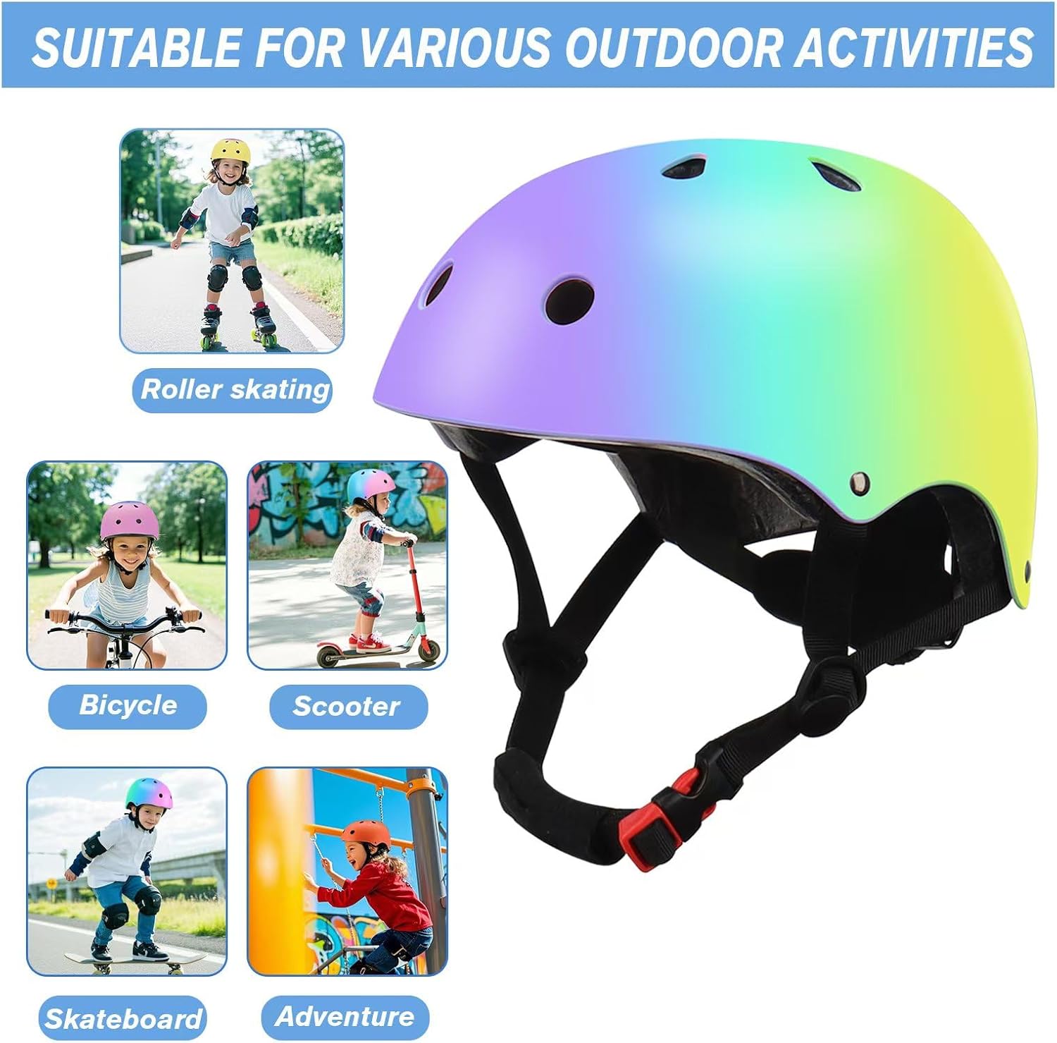 Color Gradient Adjustable Kids Bike Helmet with Knee & Elbow Pads Set | Multi-Sport Safety Gear for Boys & Girls Ages 5-14 | Skateboarding, Scooters, Roller & Inline Skating, Longboarding