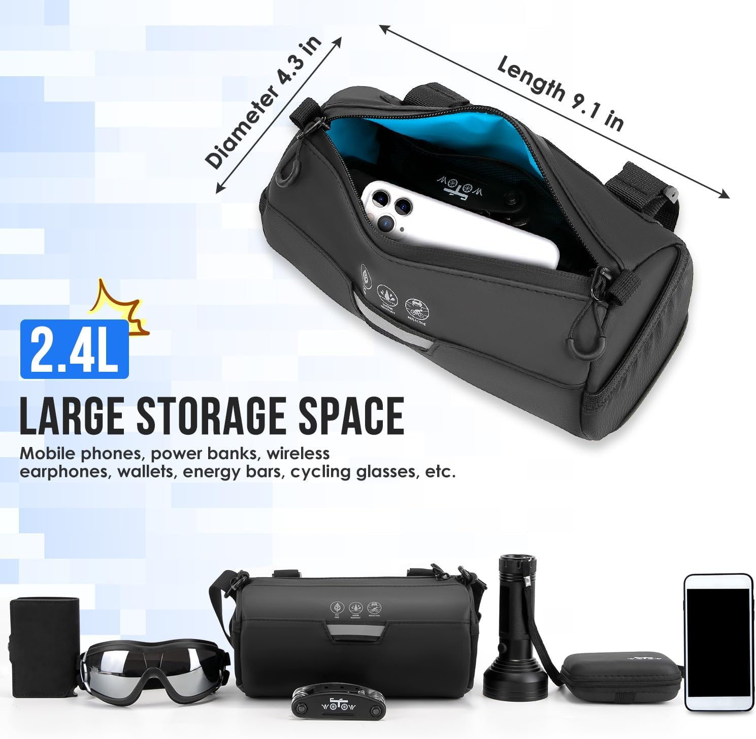WOTOW Bike Handlebar Bag Waterproof - Bicycle Front Pouch, 2.4L