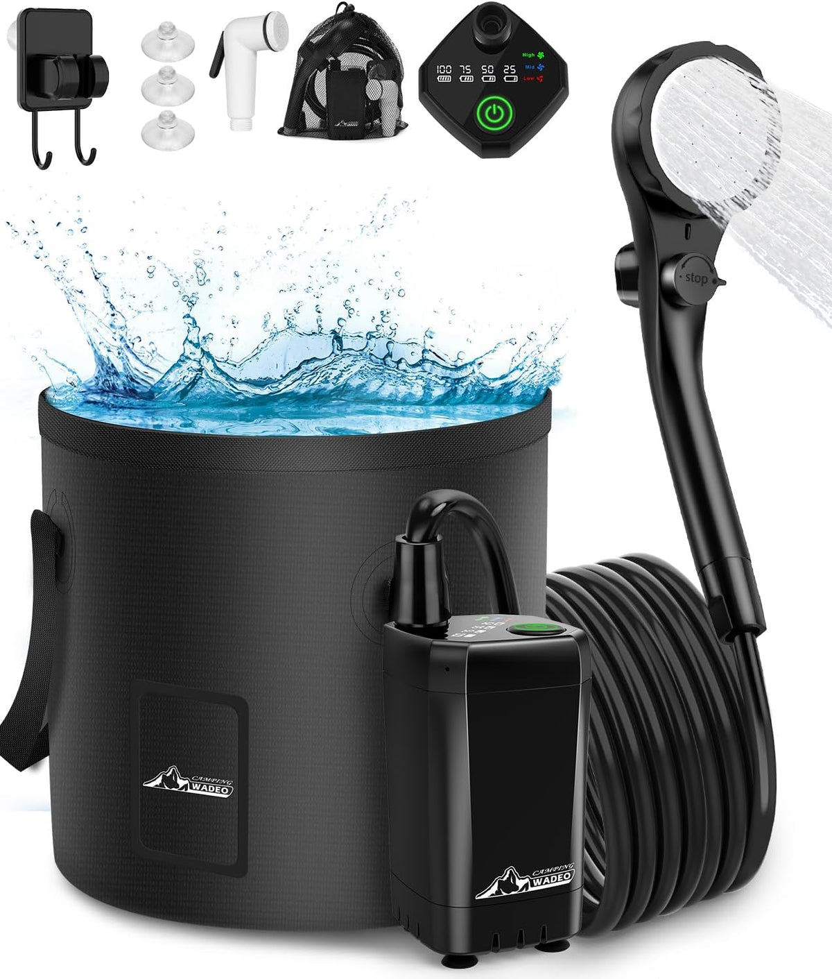 WADEO Portable Shower for Camping, Outdoor Electric Shower Rechargeable Pump with 20L Collapsible Bucket, Camping Shower Head Nozzle for Camping, Hiking, Traveling, Washing