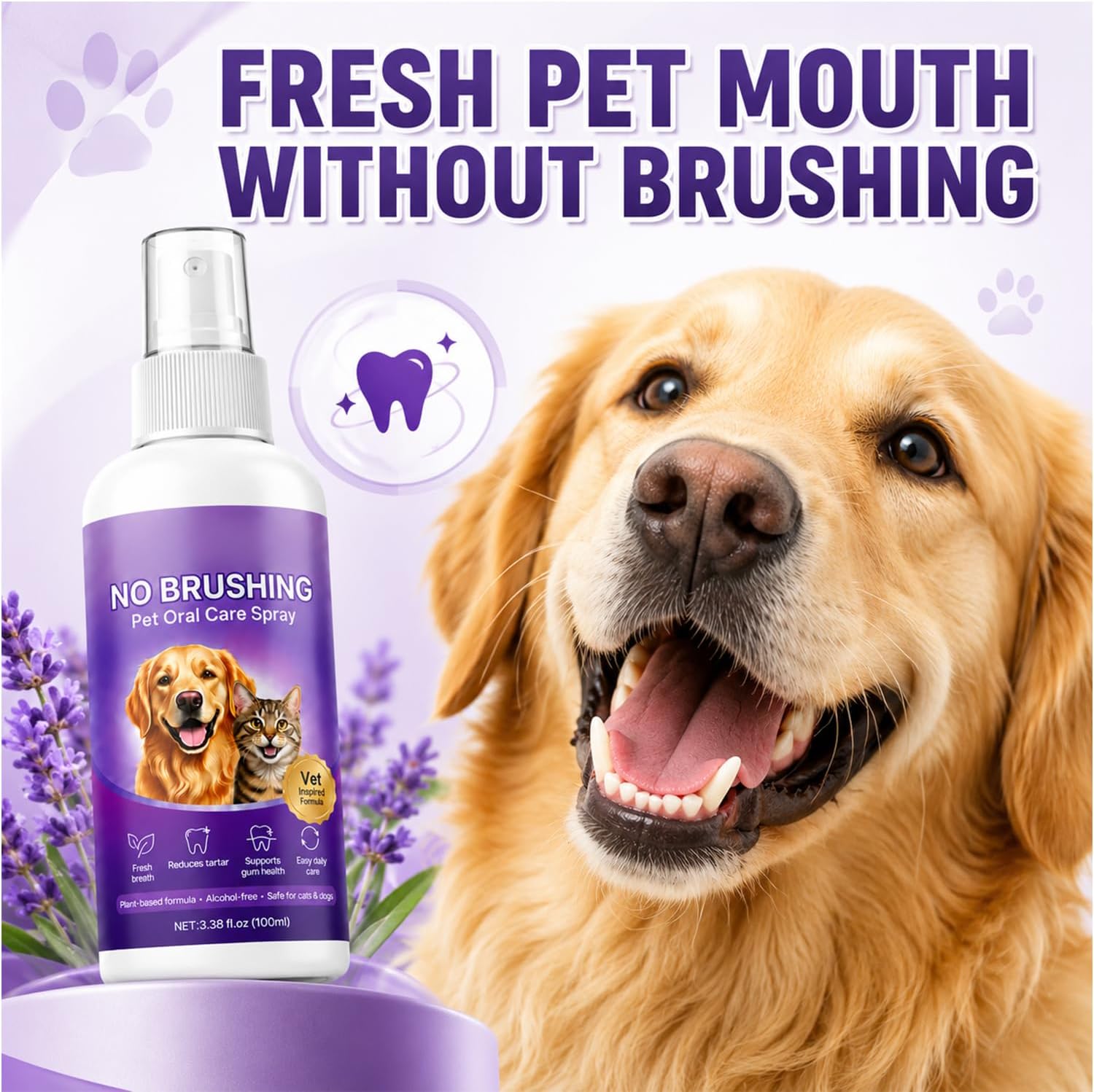 Wanban No Brushing Pet Oral Care Spray, Breath Freshener & Teeth Cleaning Spray for Dogs & Cats, Gentle Daily Oral Care for Pets