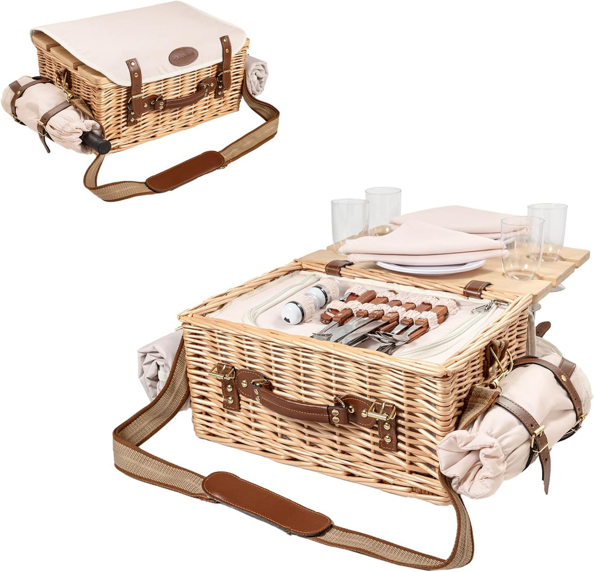 Multifunctional Wicker Picnic Basket Set for 2 Adults with Blankets & Table