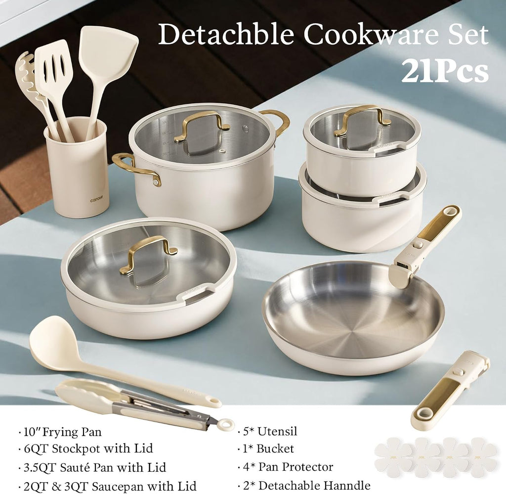 CAROTE 21pcs Tri-Ply Stainless Steel Cookware Set with Detachable Handle