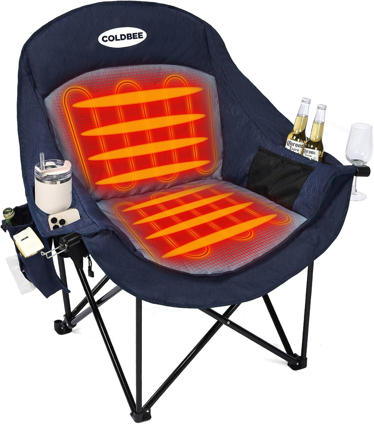 Heated Oversized Camping Chair, Heavy Duty Padded, Thick Headrest, Blue