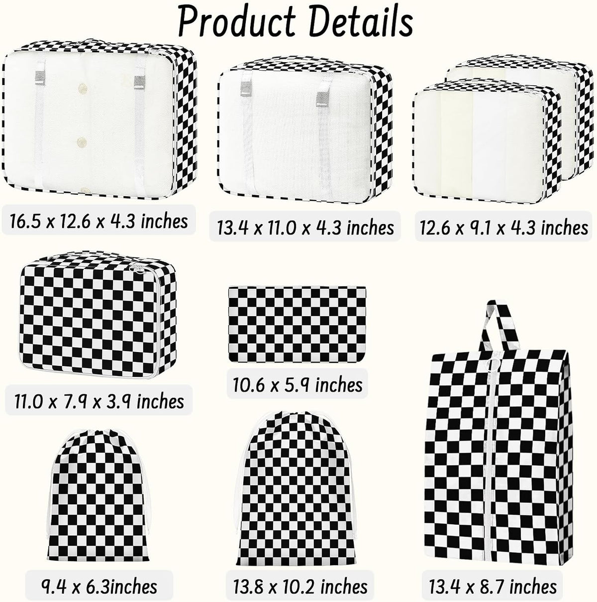 9 Set Packing Cubes for Travel Essentials - Lightweight Carry-On Luggage Organizer Bags with Shoe, Clothes & Laundry Bags for Airplane, Family & Business Travel, Black checkered