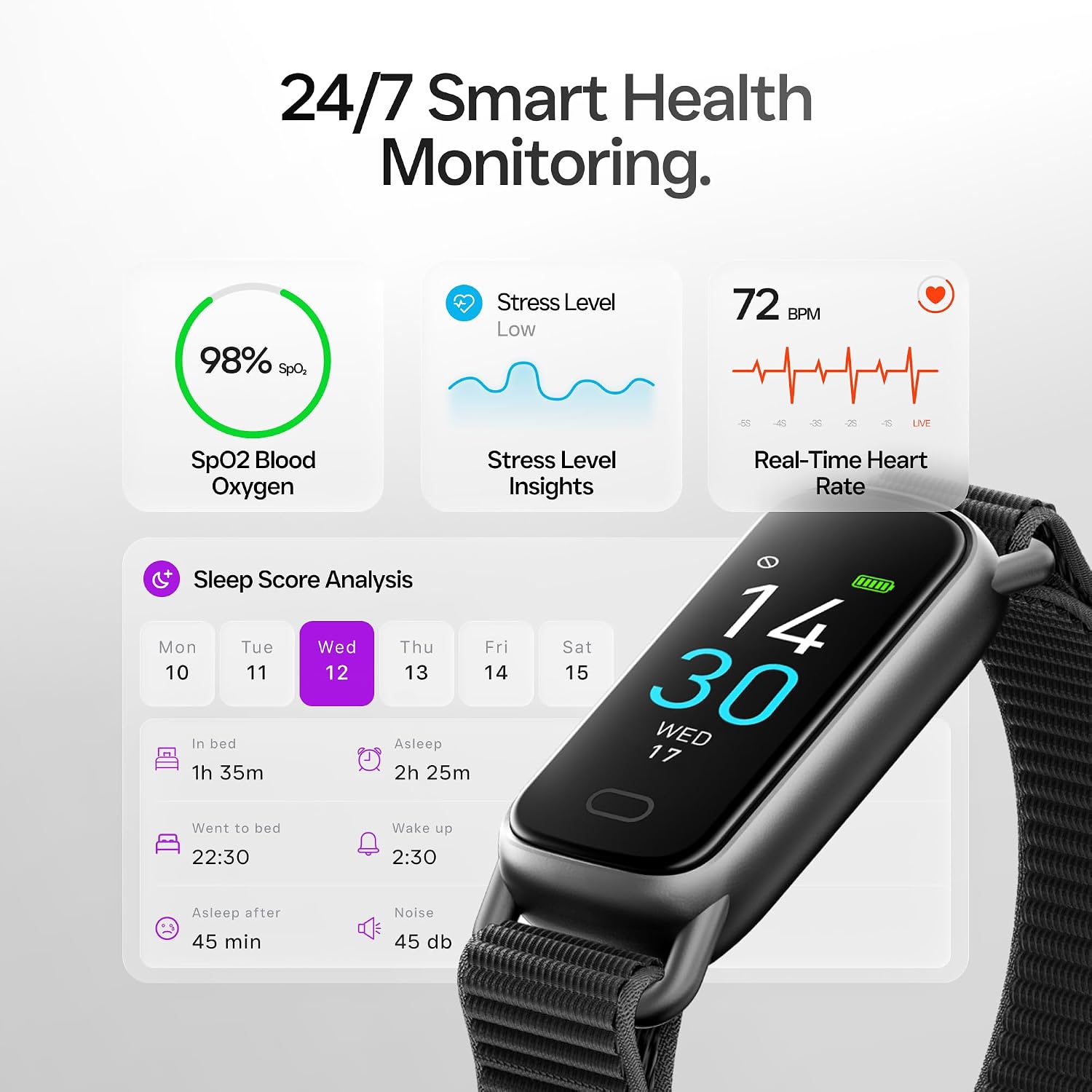 Lightweight Activity & Fitness Tracker with Subscription-Free App Control, AI Sleep Insights, 24/7 Heart Rate & Blood Oxygen Tracking, 16 Sport Modes, Waterproof Smart Watch for Men & Women