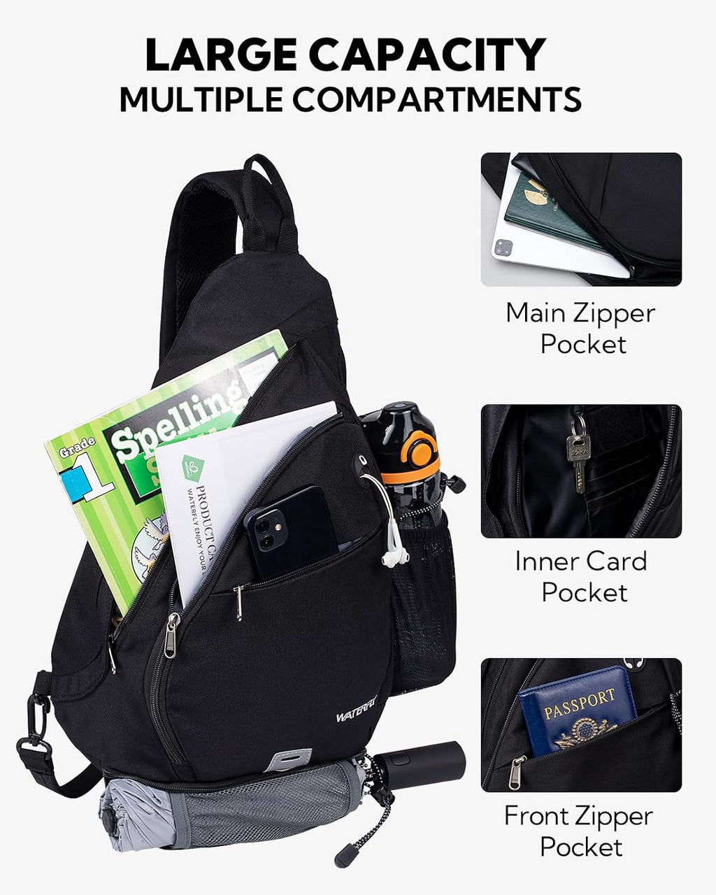 WATERFLY Large Sling Bag Crossbody Backpack Chest Pack for Men Women
