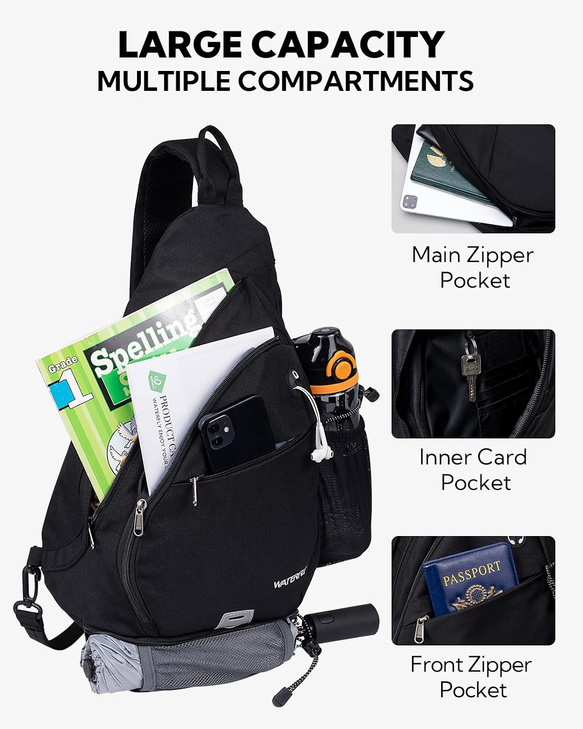 WATERFLY Large Sling Bag Crossbody Backpack Chest Pack for Men Women