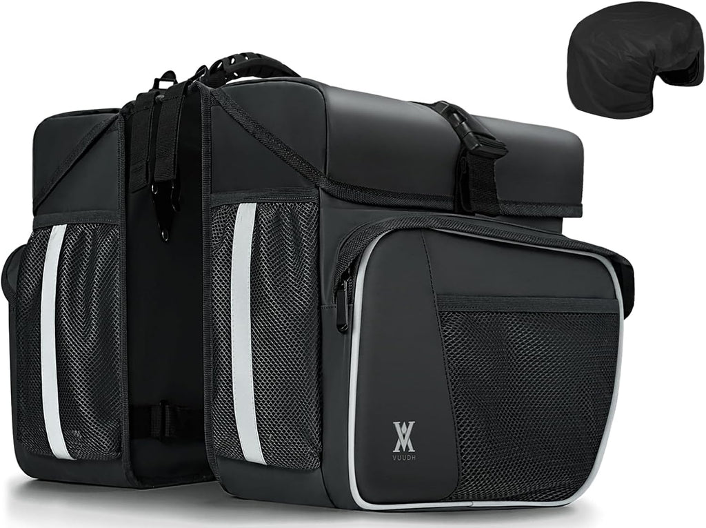 Waterproof Double Panniers Bag - 36L Saddle Bags for Rear Rack Bicycles with Safety Reflective Strips, Bicycle Commuting Pannier Fit Most Bicycle Rack with Rain Cover (With Rain Cover, Black, 36L)