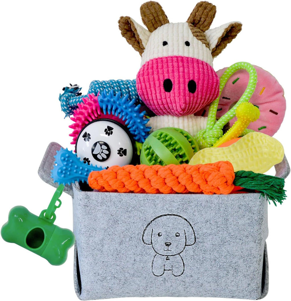 MRSOHRET 20Pcs Puppy Chew Toys for Teething, Dog Chew Toys with Rope Toy, Pet Dog Toothbrush, Treat Balls, Plush Toys and Squeaky Toys for Small Medium Dogs with Basket to Keep Them Busy