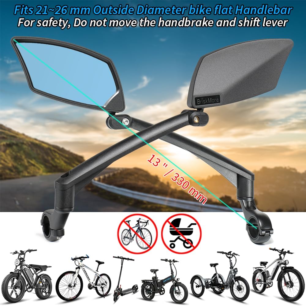 BriskMore Handlebar Bike Mirror - Crystal Clear HD Glass, 360° Adjustable&Foldable Mirror for Safe Riding, Wide Angle Rearview for E-Bikes, Mountain Bikes & Scooters,Bicycle Mirror