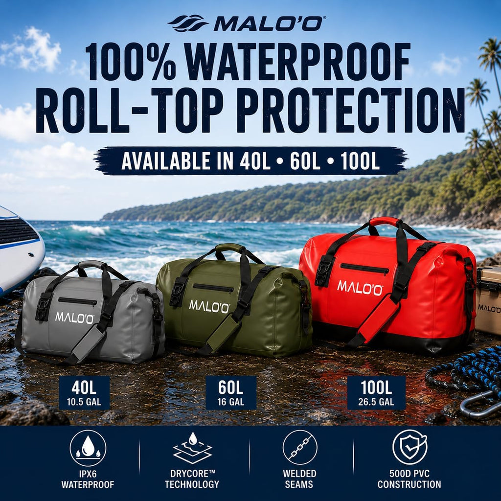Malo’o Waterproof Dry Duffel, Heavy-Duty Roll Top Waterproof Gear Bag with Shoulder Strap & Molle Loops, Marine Duffel for Kayaking, Boating, Camping, Beach & Travel, Red, 100L