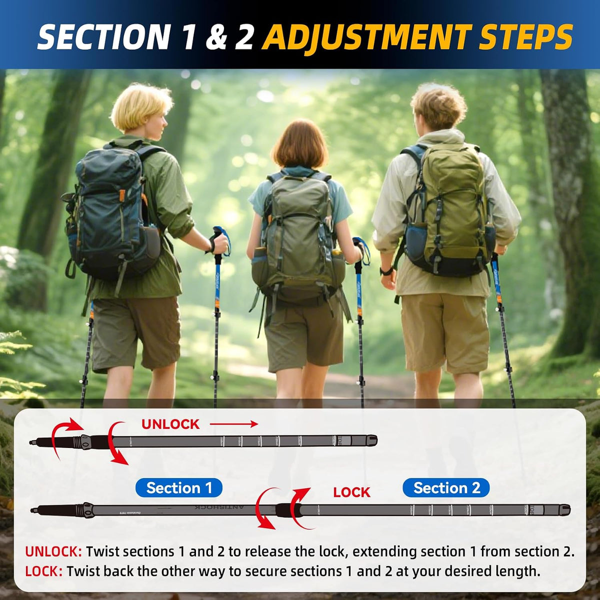 Clostnature 2 Pack Trekking Poles for Hiking, Lightweight Walking Sticks