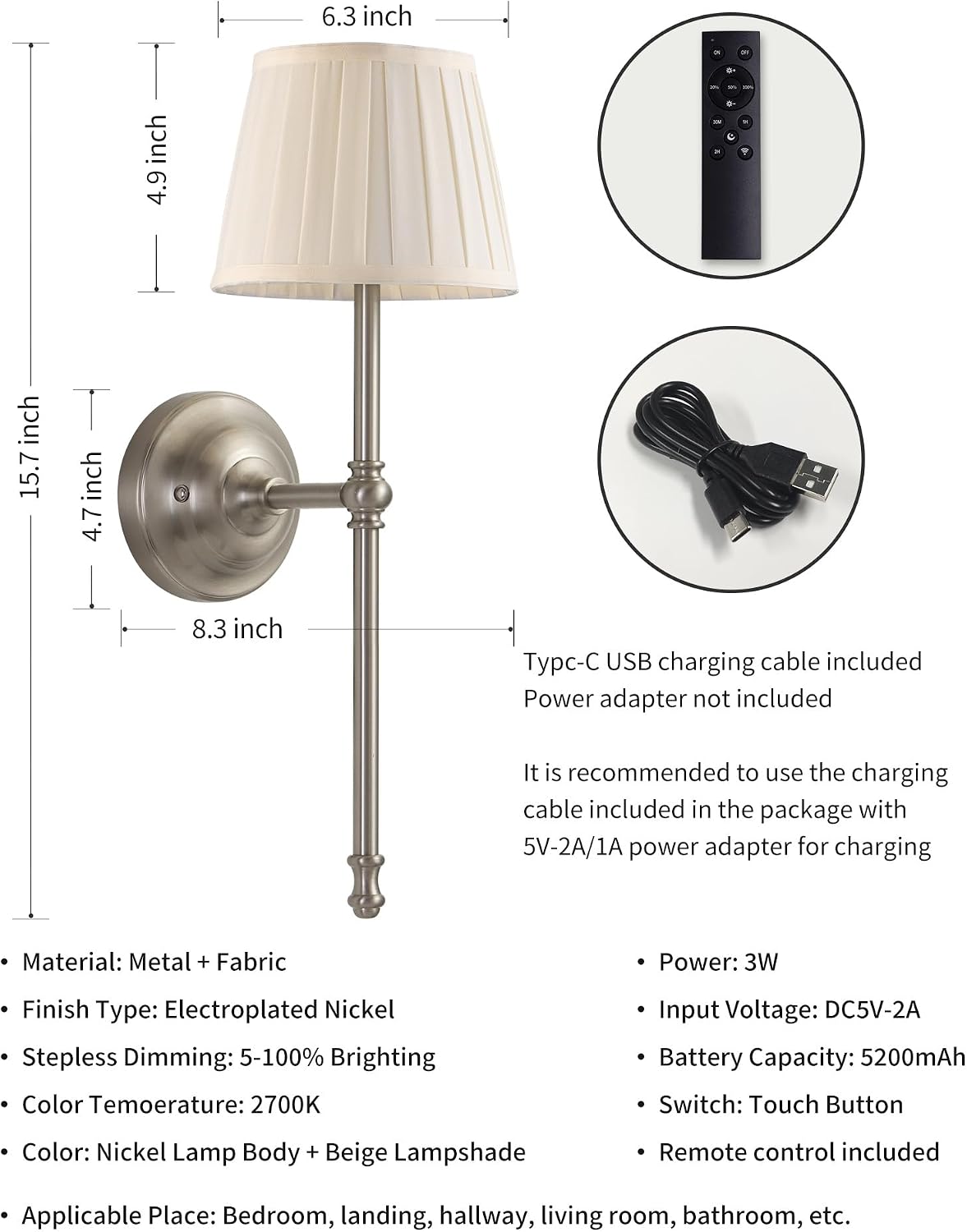 KDG Nickel Cordless Wall Sconces Set of 2, Beige Fabric LED Wall Lamp