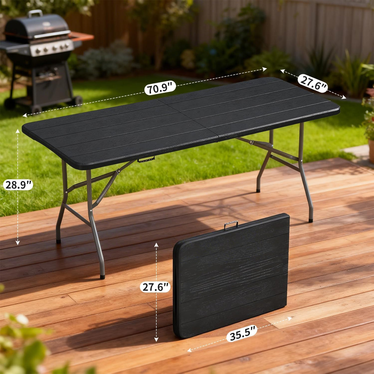 BestOffice | 6FT Folding Table | Black Wood Grain | Portable Plastic Table