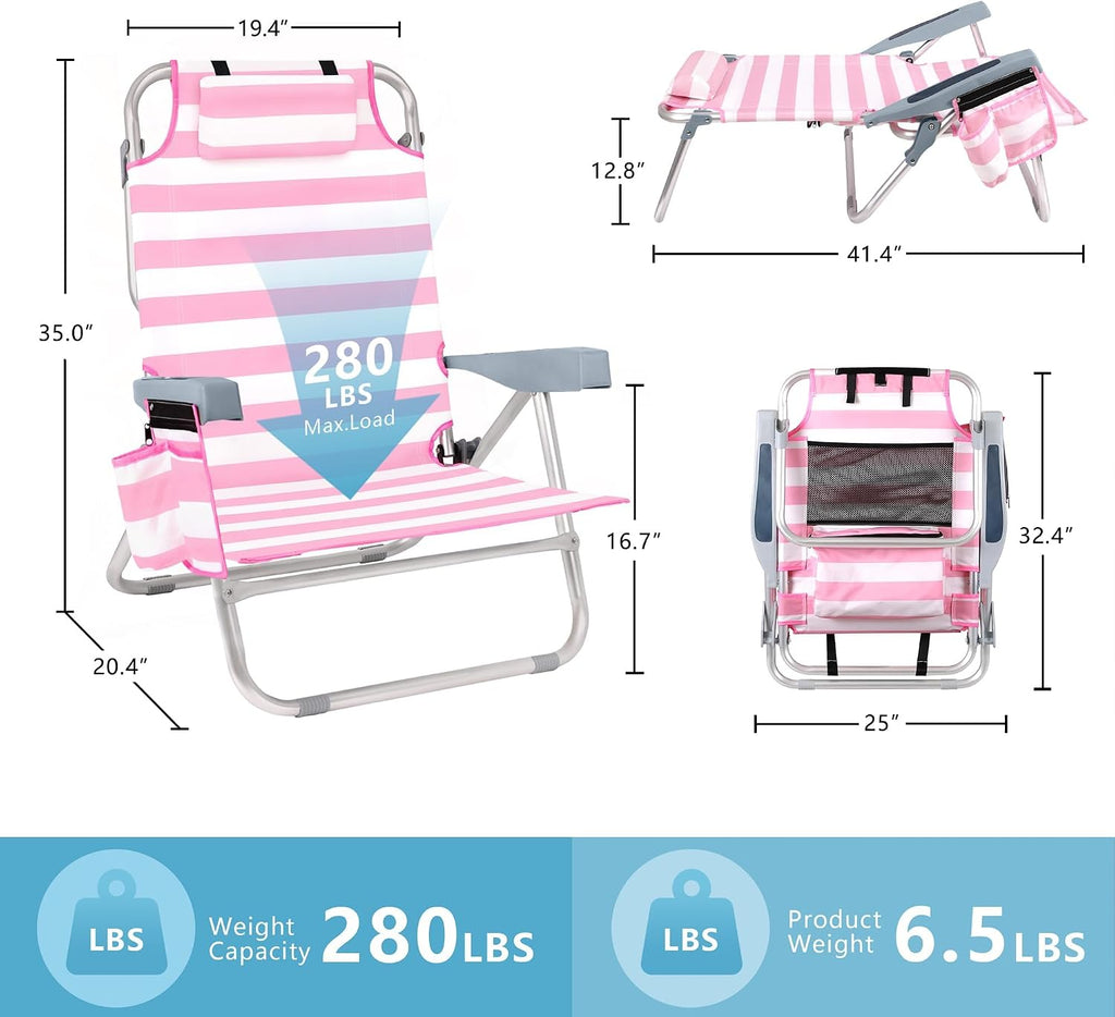 Beach Chairs for Adults 2 Pack, Portable Folding Backpack Beach Chairs with Cooler, Cup Holder, Towel Bar & Storage Bag, 5 Position Lay Flat Backpack Lounger Set for Camping, Lawn, Outdoor-Pink Stripe