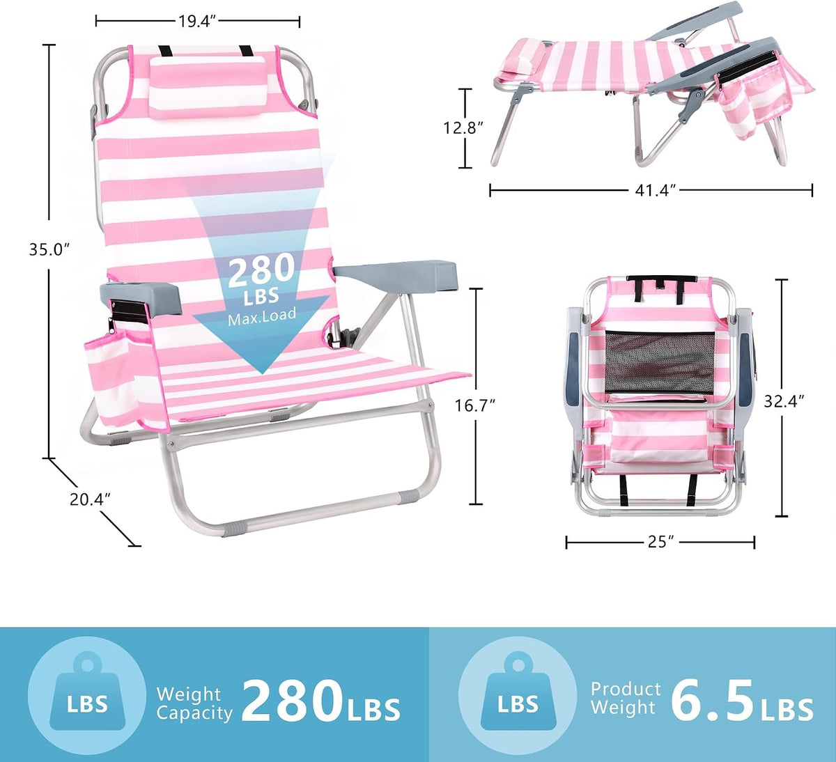 Beach Chairs for Adults 2 Pack, Portable Folding Backpack Beach Chairs with Cooler, Cup Holder, Towel Bar & Storage Bag, 5 Position Lay Flat Backpack Lounger Set for Camping, Lawn, Outdoor-Pink Stripe