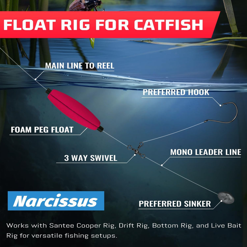 Narcissus Fishing Slotted Peg Float – Slip Bobbers for Fishing, Catfishing Tackle, Fishing Bobbers for Bass, Santee Rig, Easy Line Insertion, No Threading