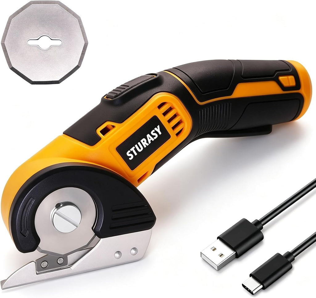 Cordless Electric Scissors, Power Cardboard Cutter with Safety Lock, Rechargeable 4V 2000mAh Electric Box Cutter for Cardboard, Fabric, Carpet, Leather, Paper, Plastic, Packages, Rotary Cutter