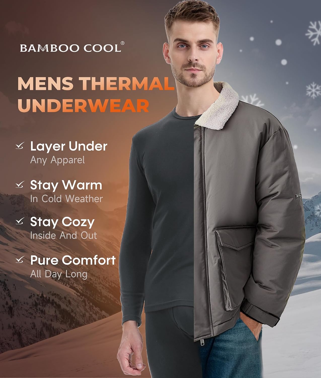 BAMBOO COOL Men's Thermal Underwear Lightweight Fleece Lined