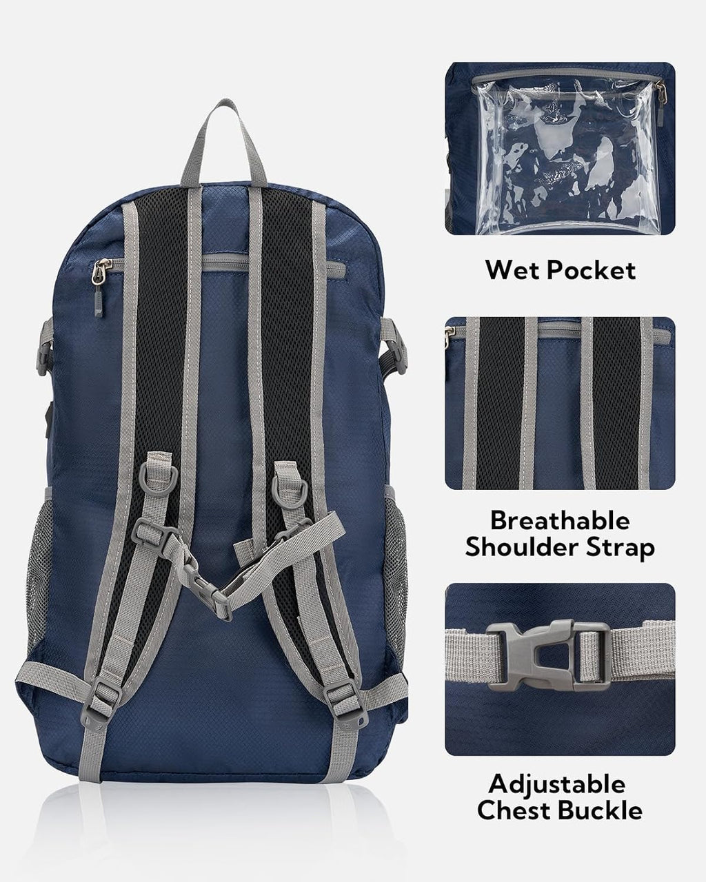 WATERFLY Lightweight Packable Hiking Backpack, 30L Day Pack Dark Blue