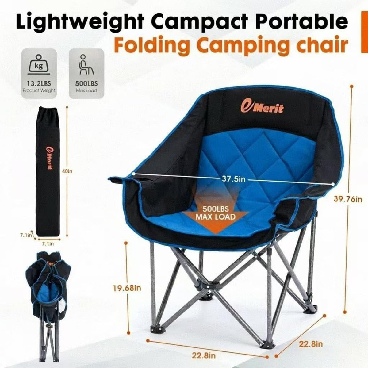 EMERIT 2 Pack Oversized Padded Camping Chair for Big Tall Adults, 500 LBS Heavy Duty Foldable Quad Lawn Chair, 19.68" High Seat, 4-Layer Cushion, Cup Holder, Camping Tailgating Backyard Patio, Blue