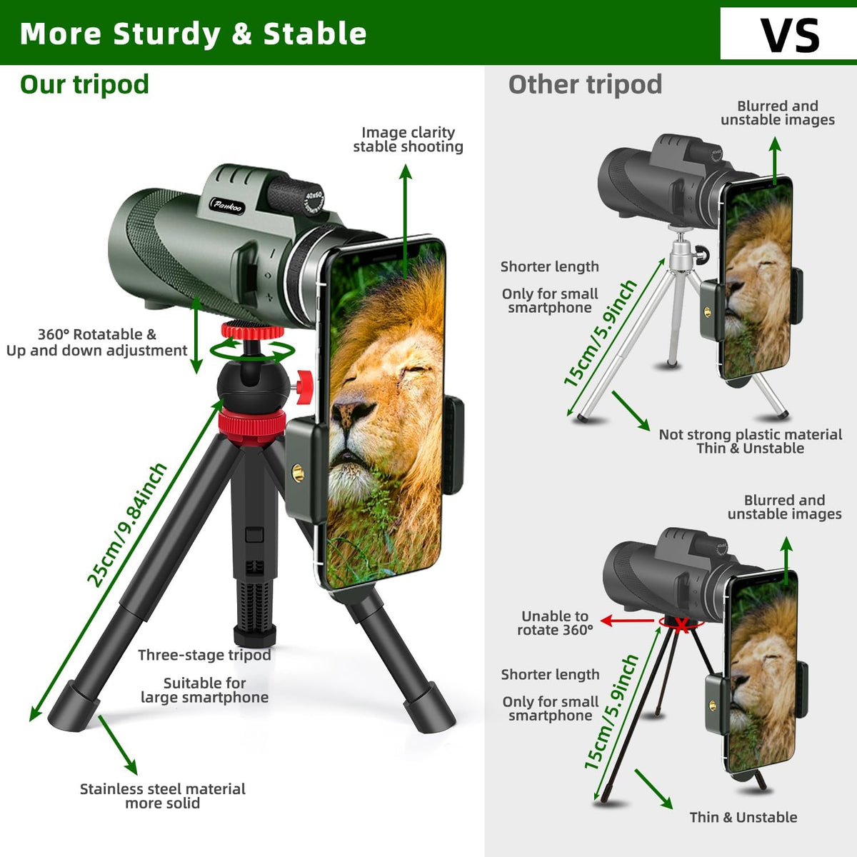 40x60 High Powered Monocular Telescope for Adults with Smartphone & Tripod