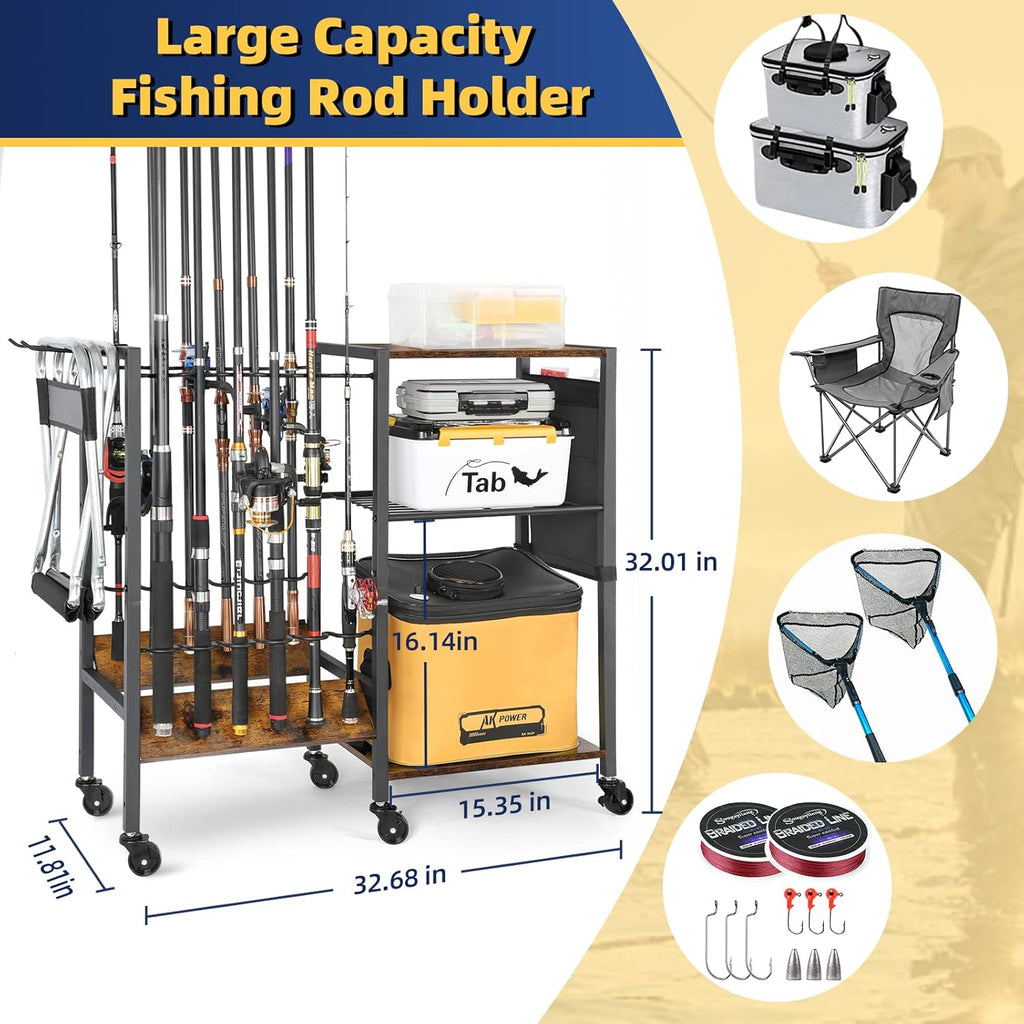 Olakee Fishing Rod Holders, Rolling Fishing Rod Rack for Garage & Boat, Tackle Box & Reel Holder Cart, Easy Assembly Fishing Gear Management System, Ideal Birthday Gift for Men Dad Anglers