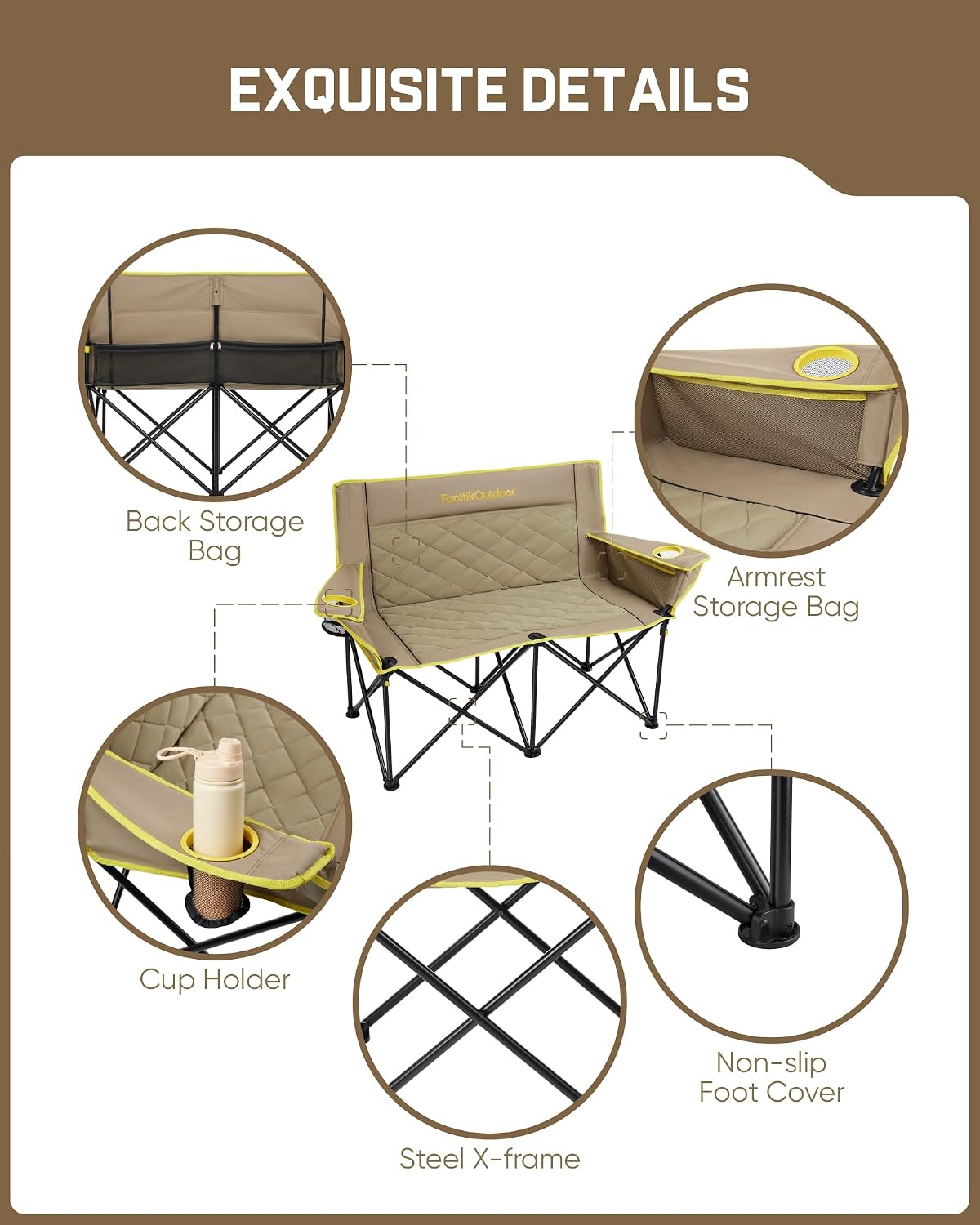 FanttikOutdoor Zeta L11 Duo Pro Double Camping Chair, 2 Person Portable Folding Couch, Up to 600 lbs, High Strength Loveseat with Cup Holder & Carry Bag for Travel, Patio, Games, BBQ, Backyard, Khaki