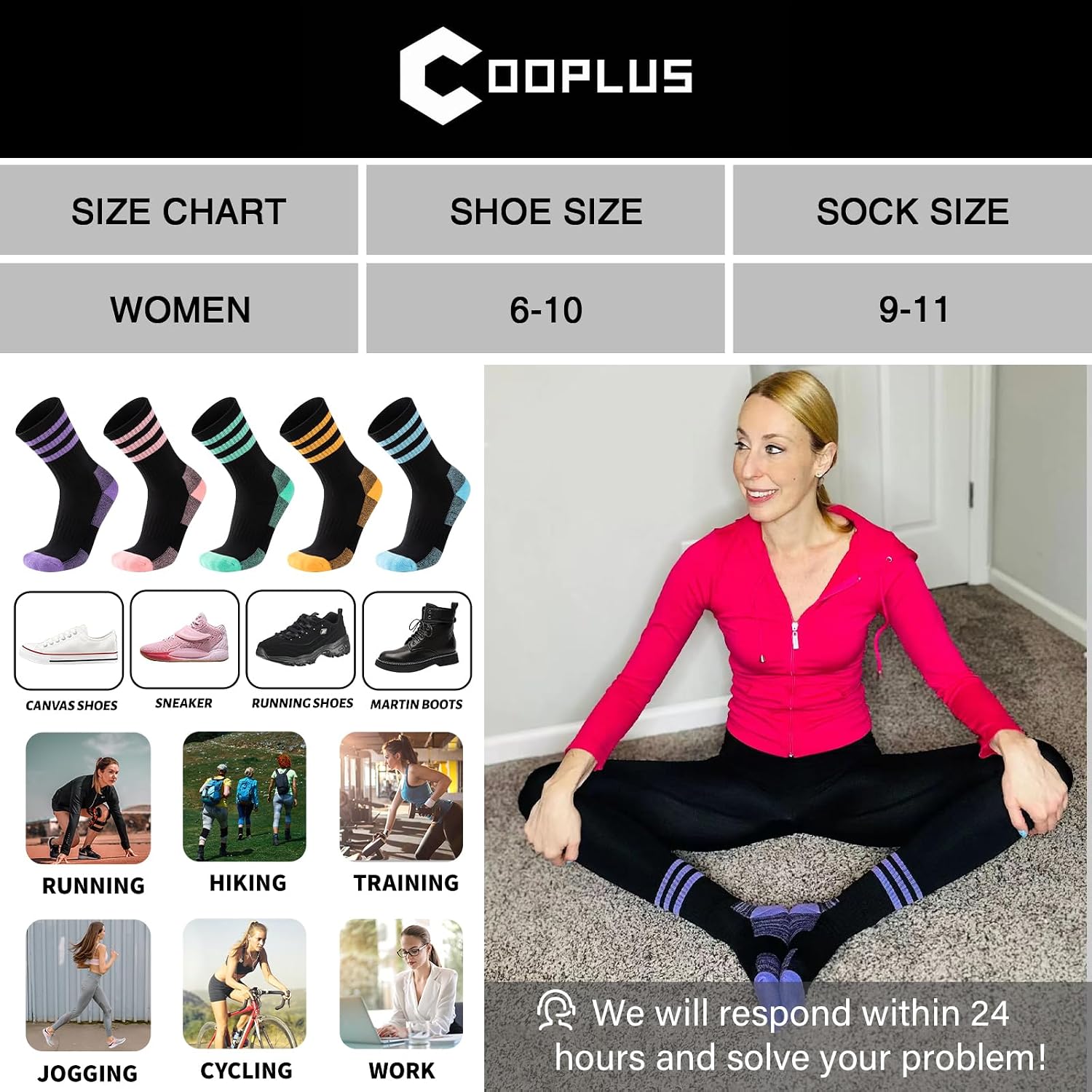 COOPLUS Womens Athletic Crew Socks Cushioned Cotton Wicking Outdoor Recreation Sports Calf Socks 5 Pairs