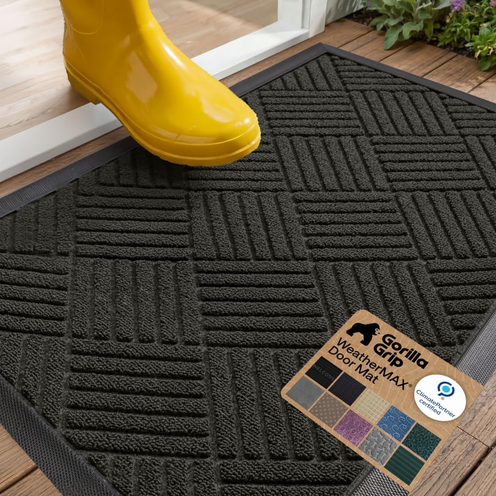 GORILLA GRIP WeatherMAX Door Mat, Indoor Outdoor Use, 29x17, Black Diamond