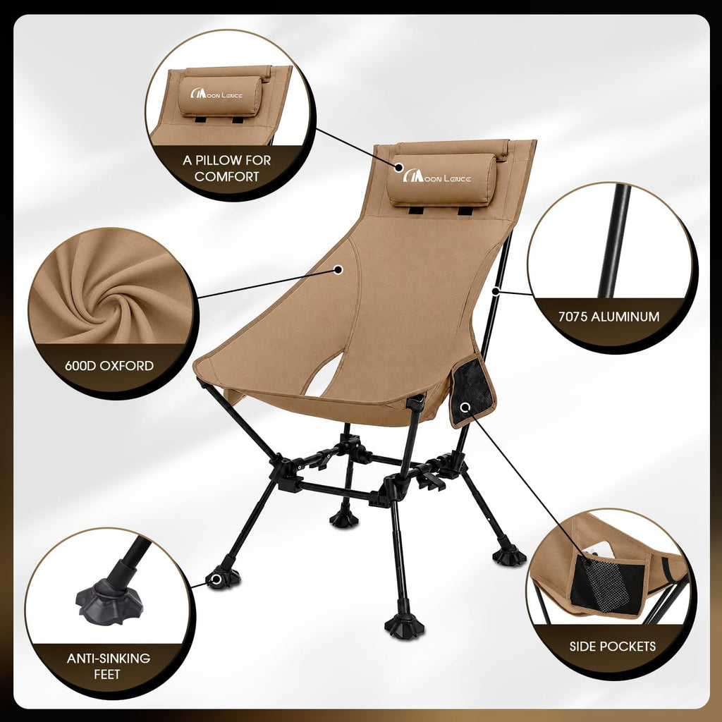 MOON LENCE High Back Folding Camping Chairs, Height-Adjustable, Widened Seat, for Beach with Anti-Sinking Feet (Khaki)