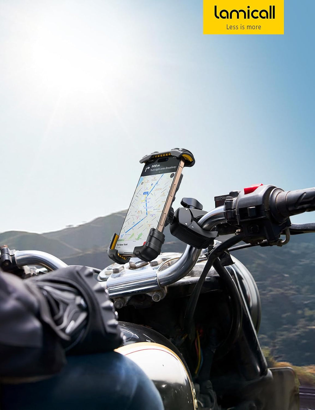 Lamicall Bike Phone Holder Mount - Motorcycle Handlebar Phone Mount Clamp, One Hand Operation ATV Scooter Phone Clip for iPhone 15/14 Pro Max/X/XS, Galaxy S10 and 4.7"- 6.8" Cellphone - Yellow